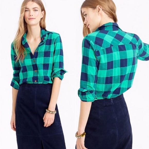 J Crew Buffalo Plaid Shrunken Boy Shirt Green Blue
